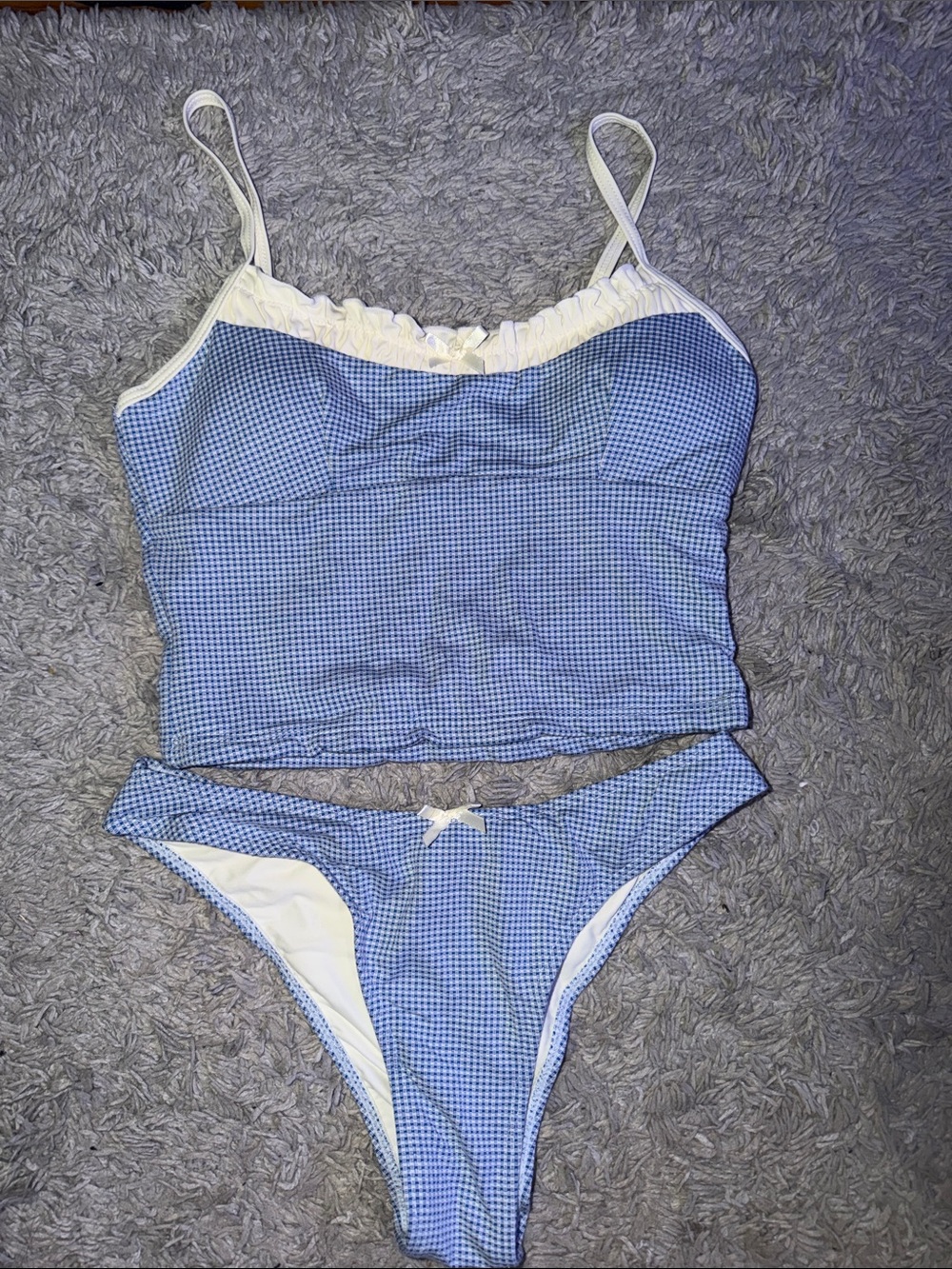 Zaful Blue Gingham Lace-Trim Tankini Bikini Set